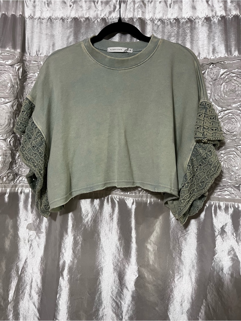 Altar'd State Sage Green Cropped Top with Crochet Ruffle Sleeves